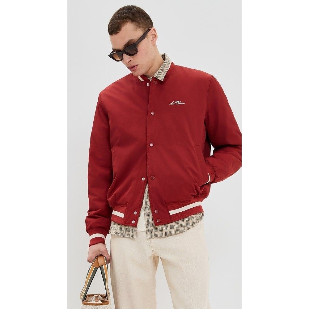 LES DEUX Varsity Jacket Mens Large Red Orange Stripe Tech Quilted Lining $319